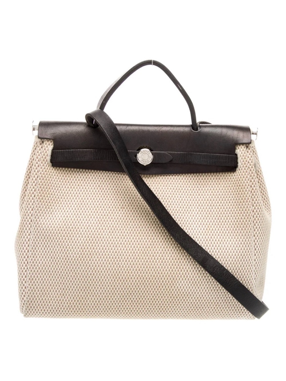 Hermes Beige Woven and Black Leather Top-Handle Satchel